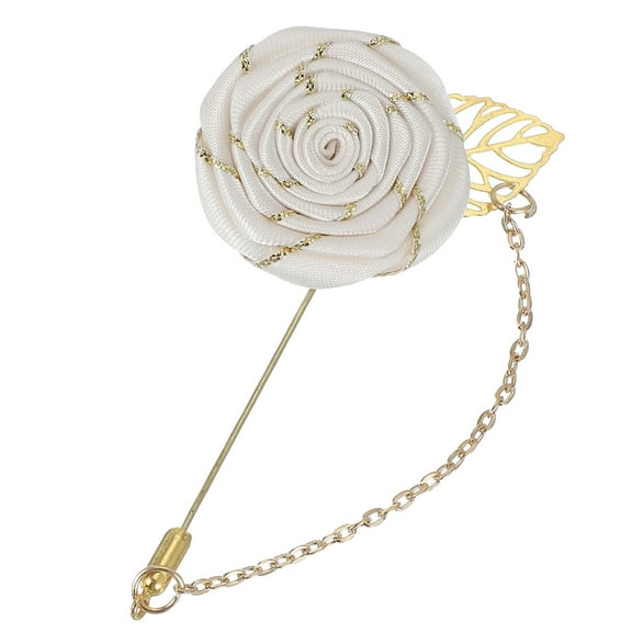 Rose Lapel Pin for Men Suits, Men Cloth Rose Flower Brooch Pin Handmade Boutonnieres Pins with Gold Leaf/Chain Brooch for Men Suit Accessories, Beige