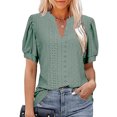 thumbnail image 3 of Blusa de manga abombada Cuello en V Hueco Color puro Slim Fit Blusa casual de manga corta para mujer Mujer Verde oscuro S, 3 of 5