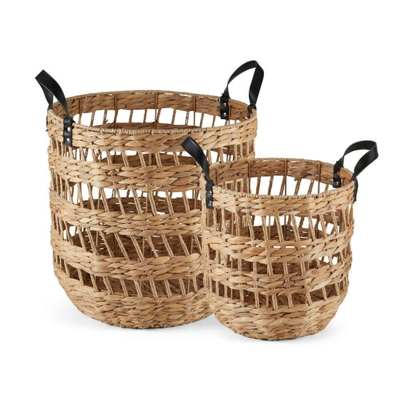 Better Homes & Gardens 2-Pack Round Storage Baskets, Woven Fabric, Black Faux Leather Handles, Natural, 14.5"D x 16.5"H – Decorative Bin for Blankets, Toys, Home Organization