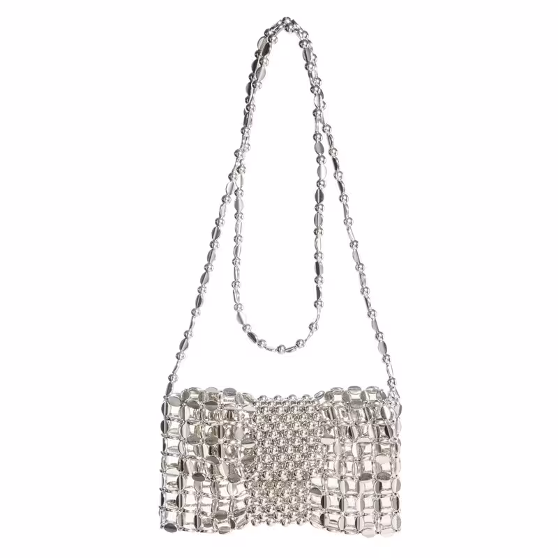 Silver, variant on Metallic Beaded Sequin Crossbody Bag with Lining Acrylic Bead WOC Elegant Wallet on Chain for Evening Galas