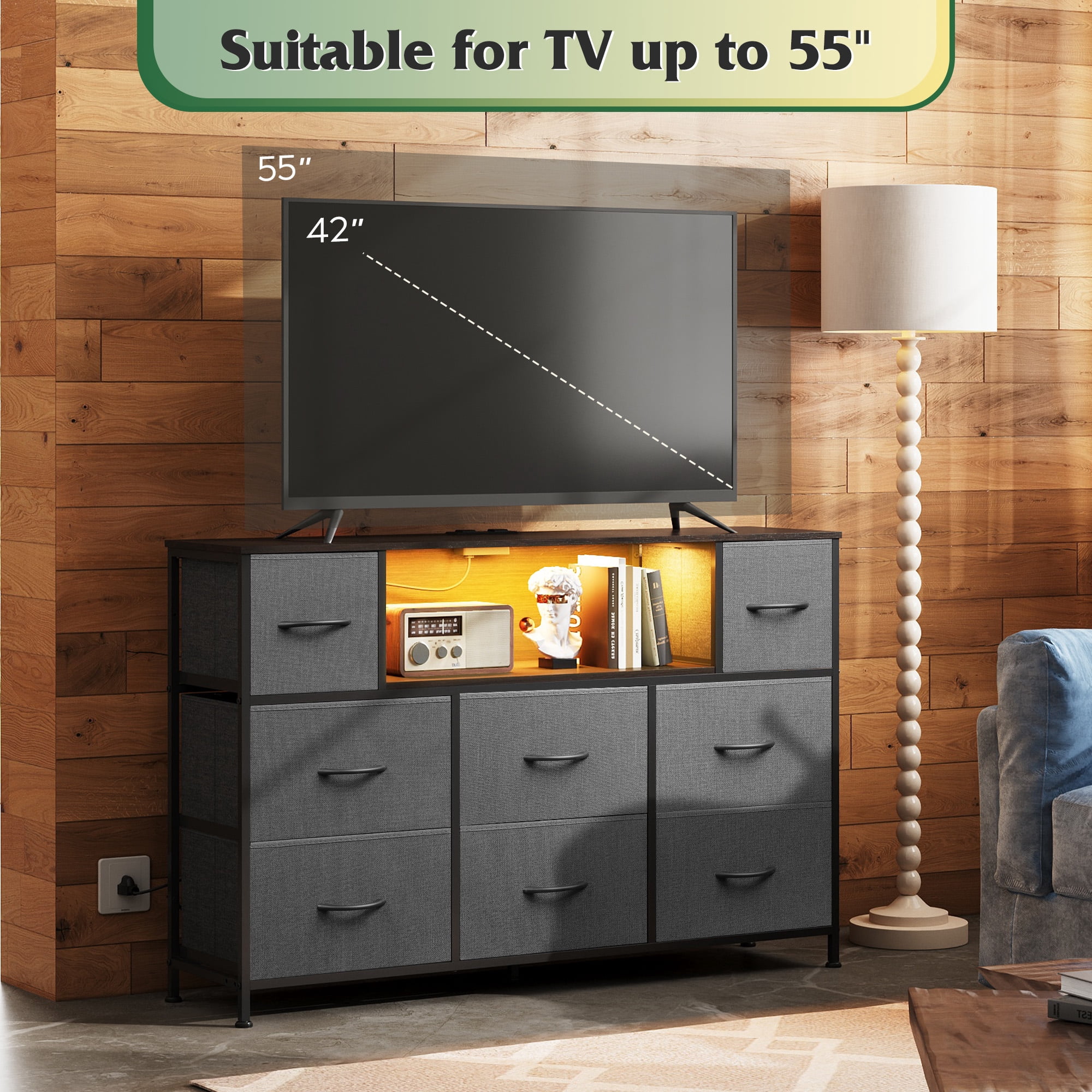 GALAXHERO 8 Drawer Large Dresser with Charging Station and LED Lights, Fabric Chest with Open Shelves, TV Stand for 55" TV, Bedroom and Living Room, Dark Grey