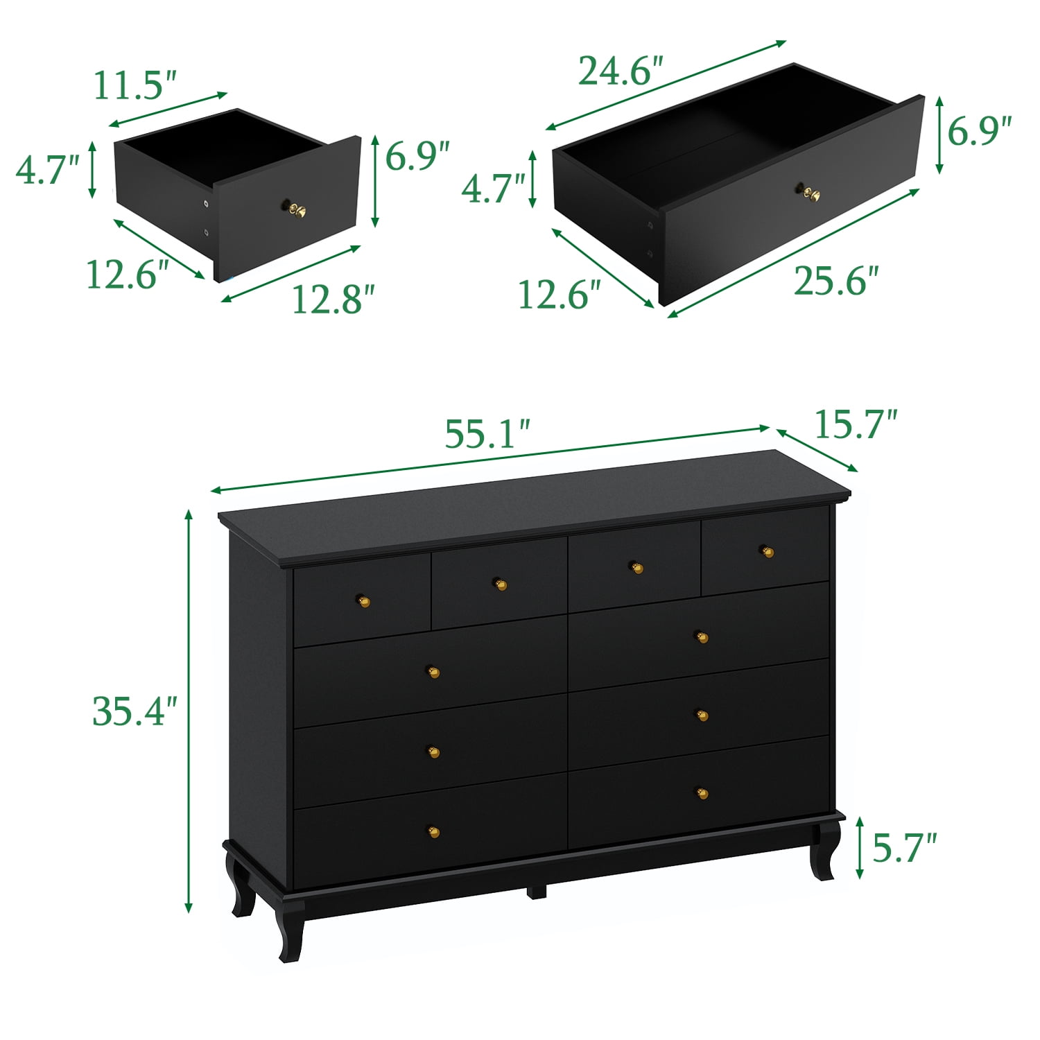 KULAGAGA  Dresser with 10 Drawers, Wood Storage Chest of Drawers for Bedroom Living Room Hallway, Black