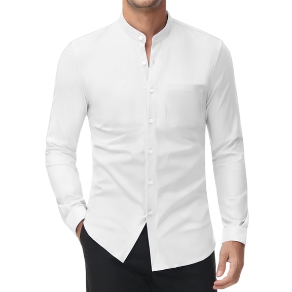 Youclos Men's Stretch Long Sleeve Button Down Dress Shirt, Band Collar with Chest Pockets, Casual Standard Fit