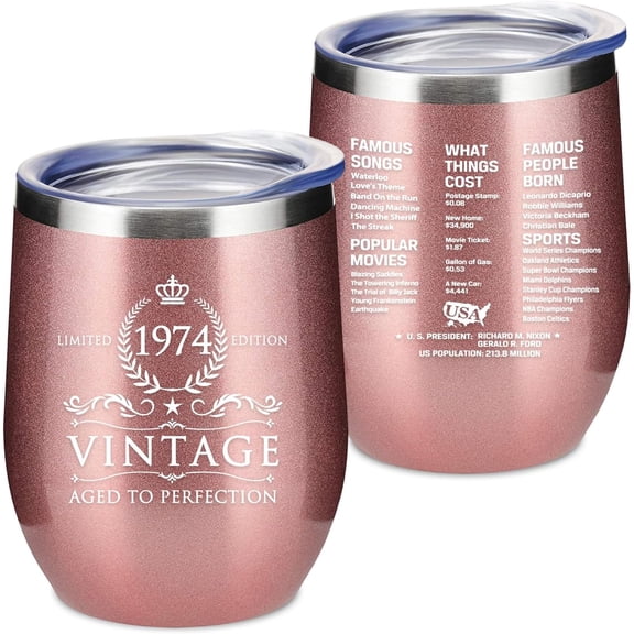 50th Birthday Gifts for Women and Men - 1974 50th Birthday Decorations - 12 Oz Insulated Stainless Steel Wine Tumbler with Lid for Her Wife Mom Grandma Aunt Friend, Rose Gold