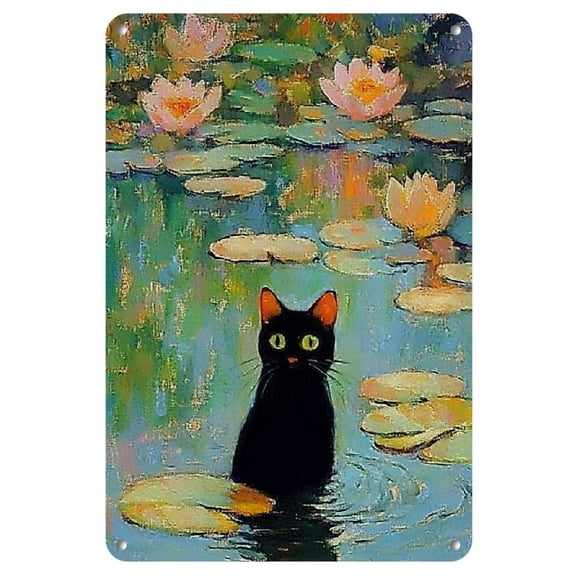 Vintage Black Cat in Monet's Water Lily Pond Wall Art - Iron Print for Living Room, Bedroom, Bathroom Decor | Whimsical & Vibrant Home Accent, Bedroom Wall Art|Playful Cat Artwork|Durable Wall Art