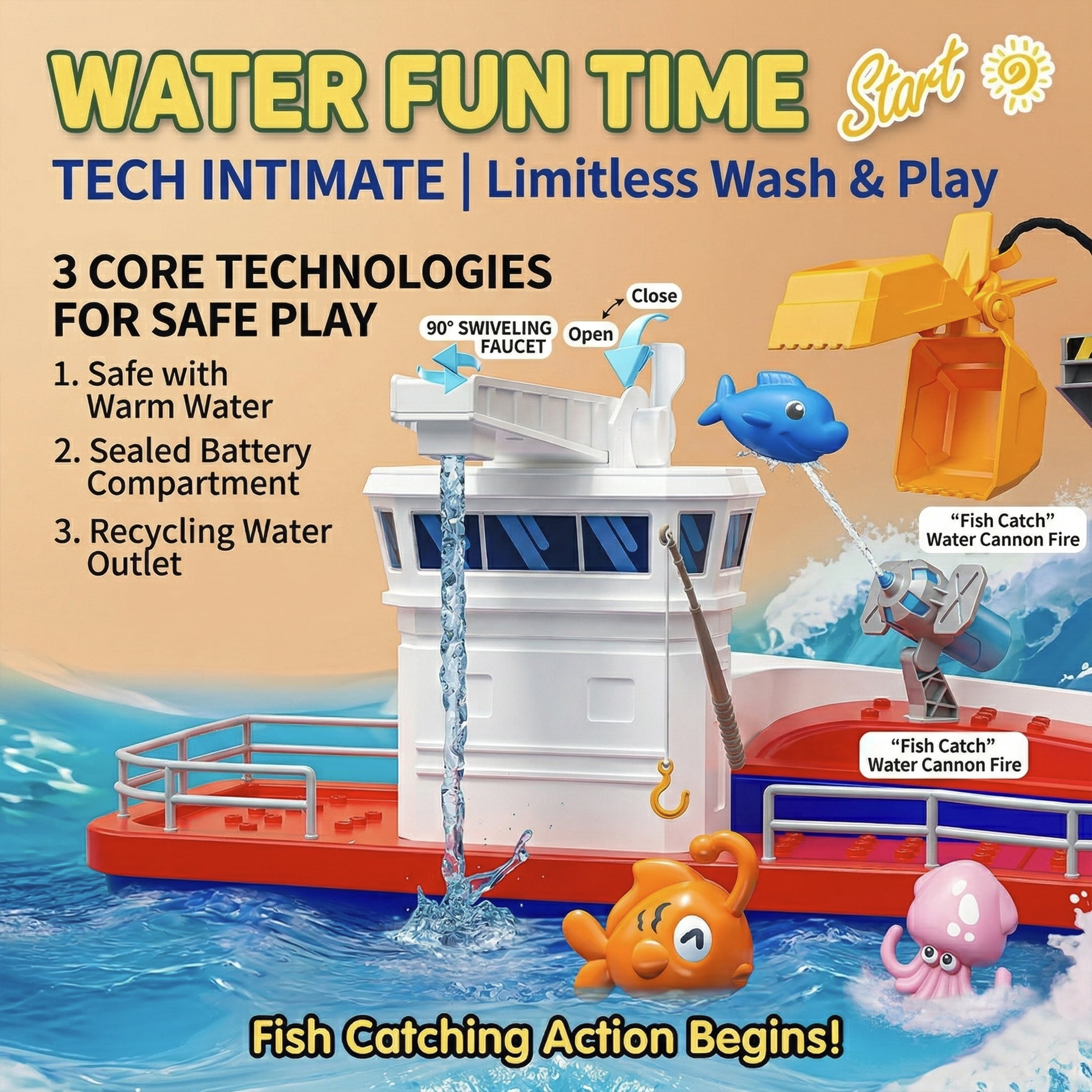 3-in-1 Water Cruise Ship Fishing Toy Set with Crane Rods Marine Animals