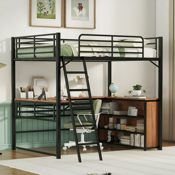 Black Full Size Metal Loft Bed Boasting 3 Shelves & L-shaped Desk