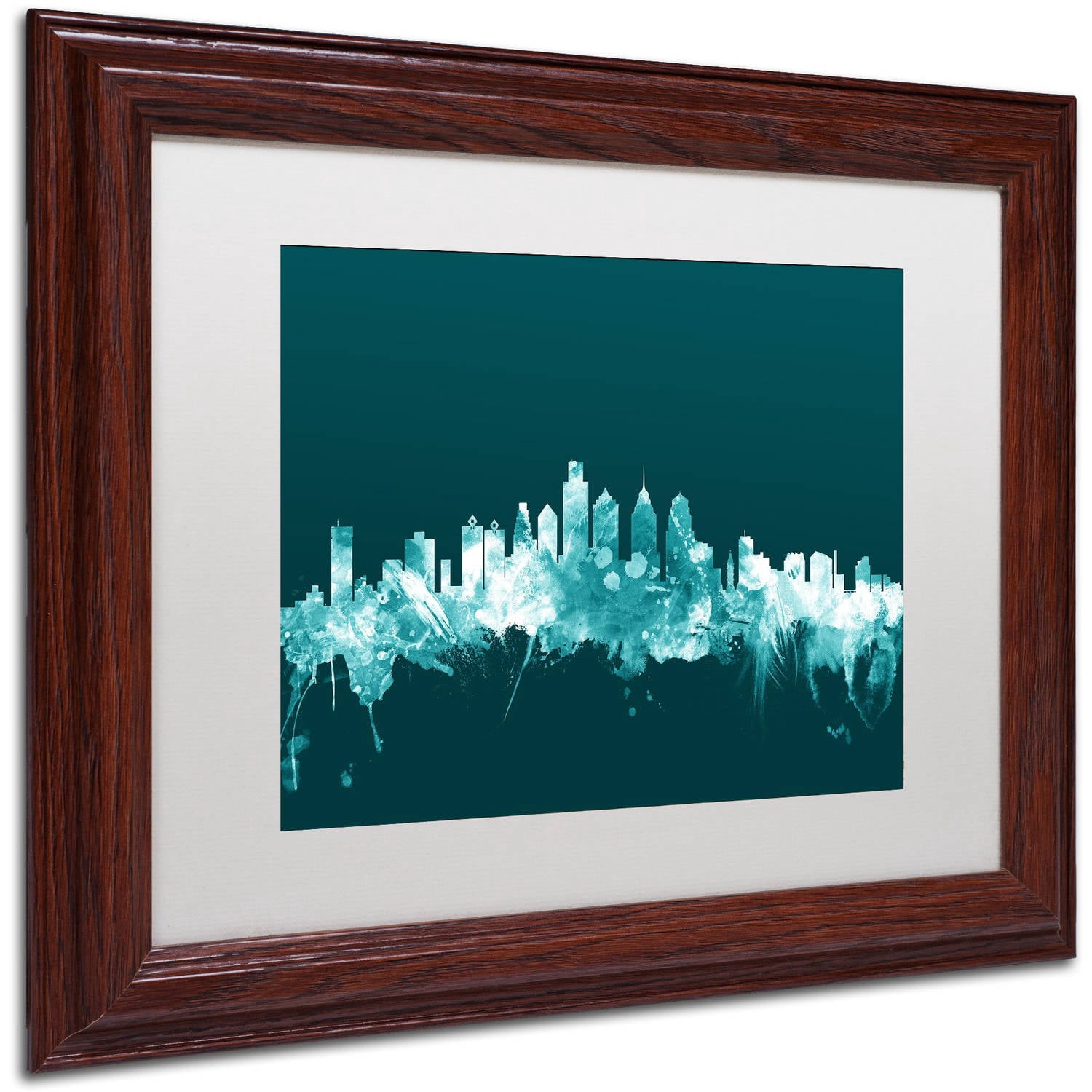 Trademark Fine Art "Philadelphia PA Skyline Teal" Canvas Art by Michael Tompsett, White Matte, Wood Frame