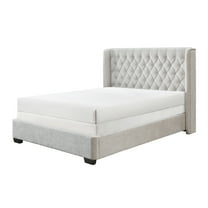Bed Frame 1pc Contemporary Upholstered Bed Frame Tufted Headboard Soft Tweed Fabric Winged Headboard Light Gray