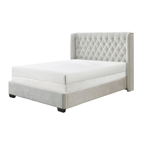 Bed Frame 1pc Contemporary Upholstered Bed Frame Tufted Headboard Soft Tweed Fabric Winged Headboard Light Gray