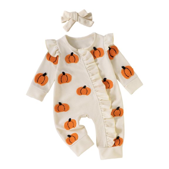 Rhuody Halloween Onesies For Girl Long Sleeve Romper With Headband O Neck Cartoon Pattern Jumpsuit 6-12 Months White