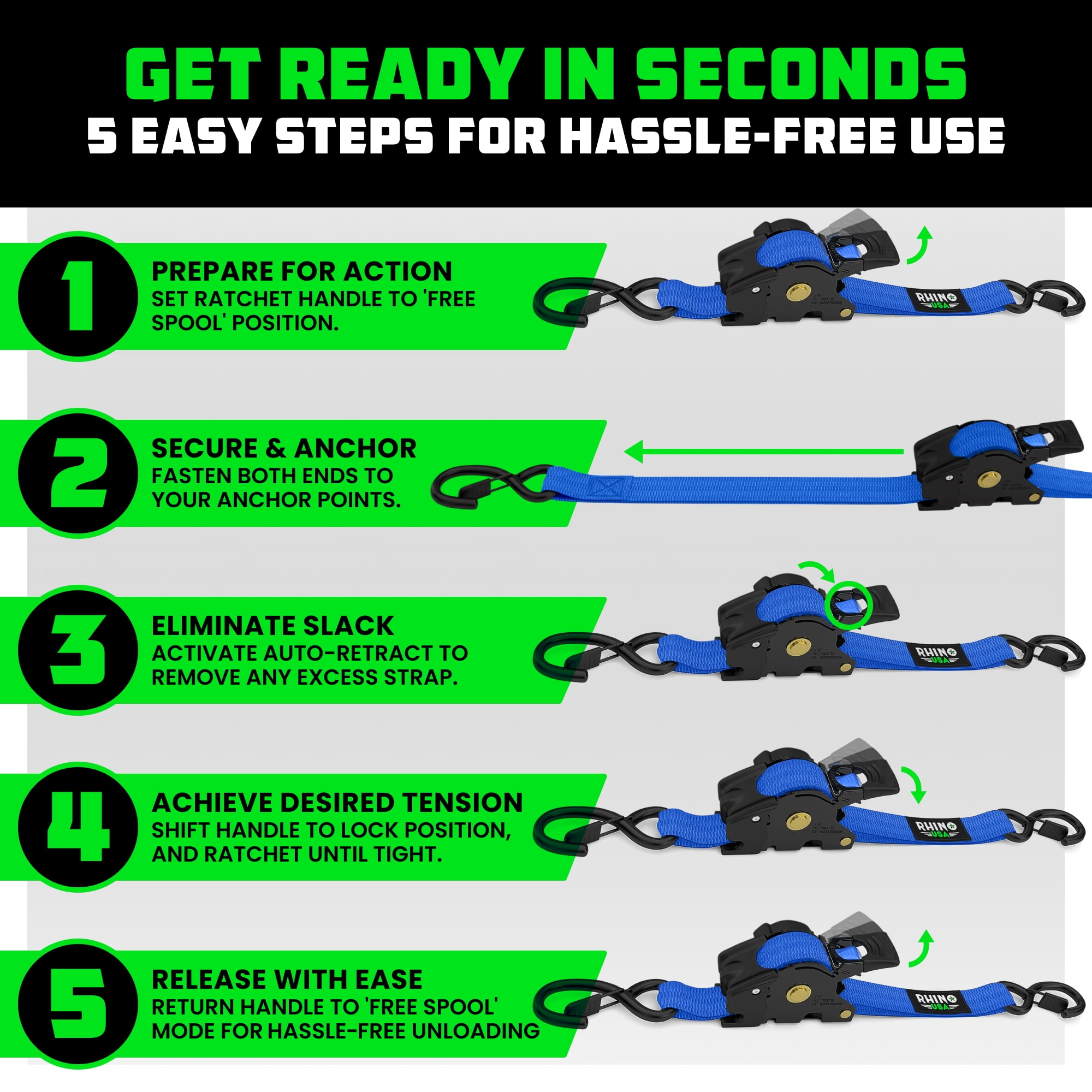 Rhino USA 1" x 10' Retractable Ratchet Straps 1,209lb Break Strength (Blue 2-Pack)