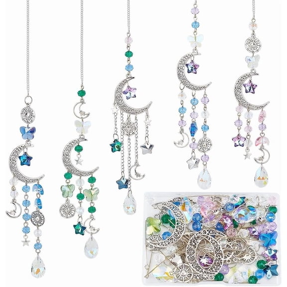 1 Box DIY 5 Sets Star Moon Sun Catchers Kit Hanging Sun Catcher Rainbow Catcher Window Hanging Suncatcher Glass Suncatchers for Windows Indoor Outdoor Home Garden Decor Mixed Color