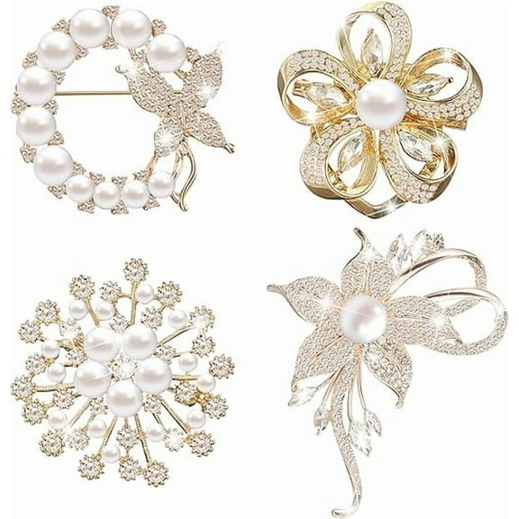 4 Pcs Crystal Pearl Brooch for Women, Elegant Wedding Bridal Brooch, Christmas Gift Pin, Teacher Appreciation Gift, Bling Accessories for Prom Party, Blazer Jacket Lapel Pin
