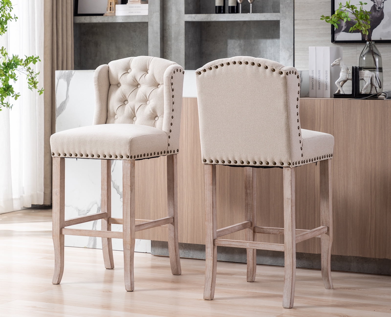 Guyou Tufted Bar Stool, Nailhead Trim, Upholstered, 30'' Height, Beige (Set of 2)