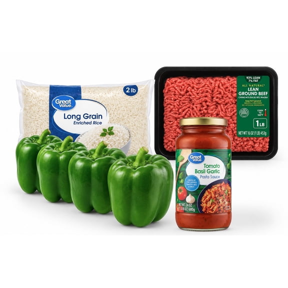 Stuffed Green Bell Peppers Dinner Bundle with Lean Ground Beef, Rice and Tomato Basil Garlic Sauce