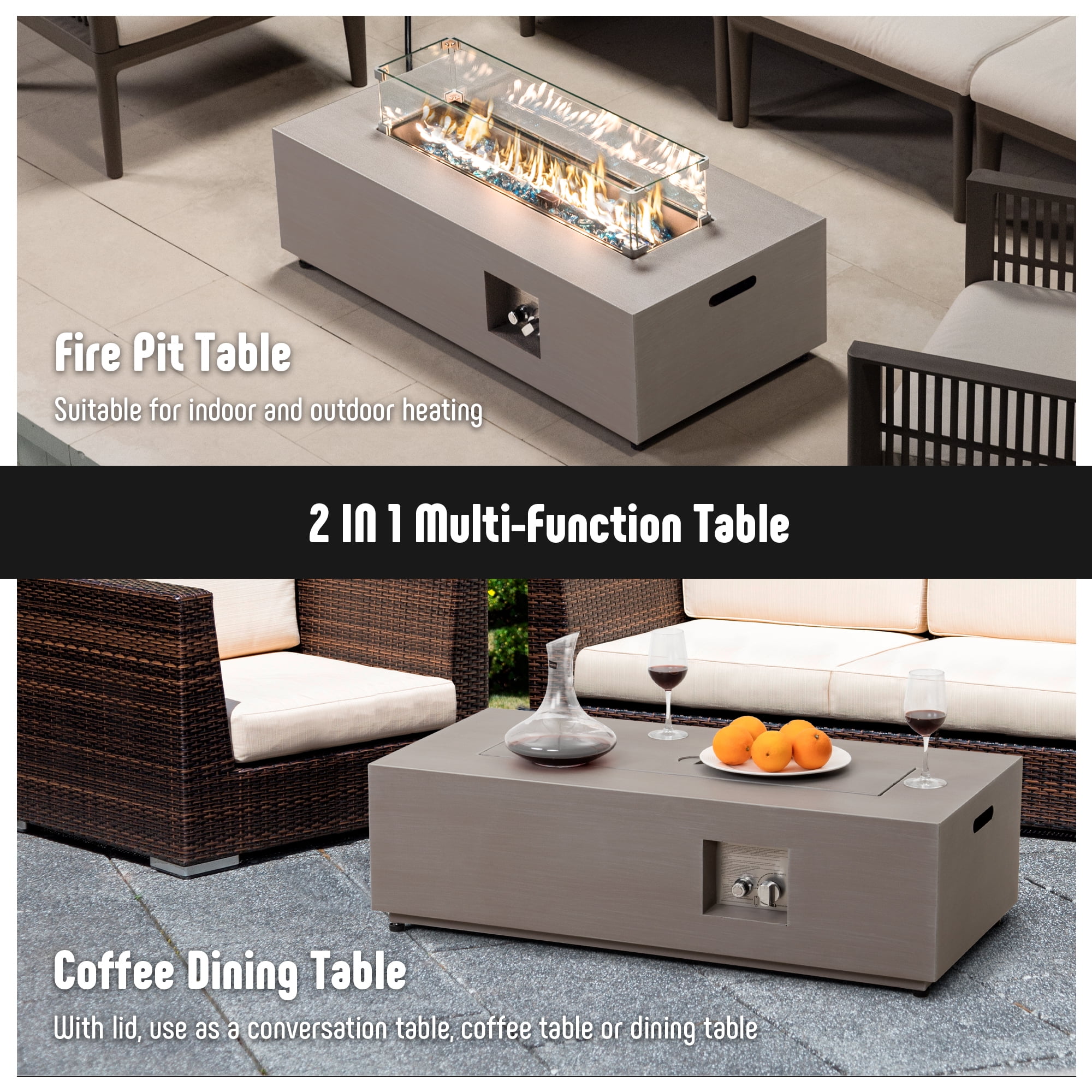 42" Propane Fire Pit Table Set with Tank Holder, CSA Certifed 50,000 BTU Outdoor Firepit Table, Wind Guard & Glass Stones