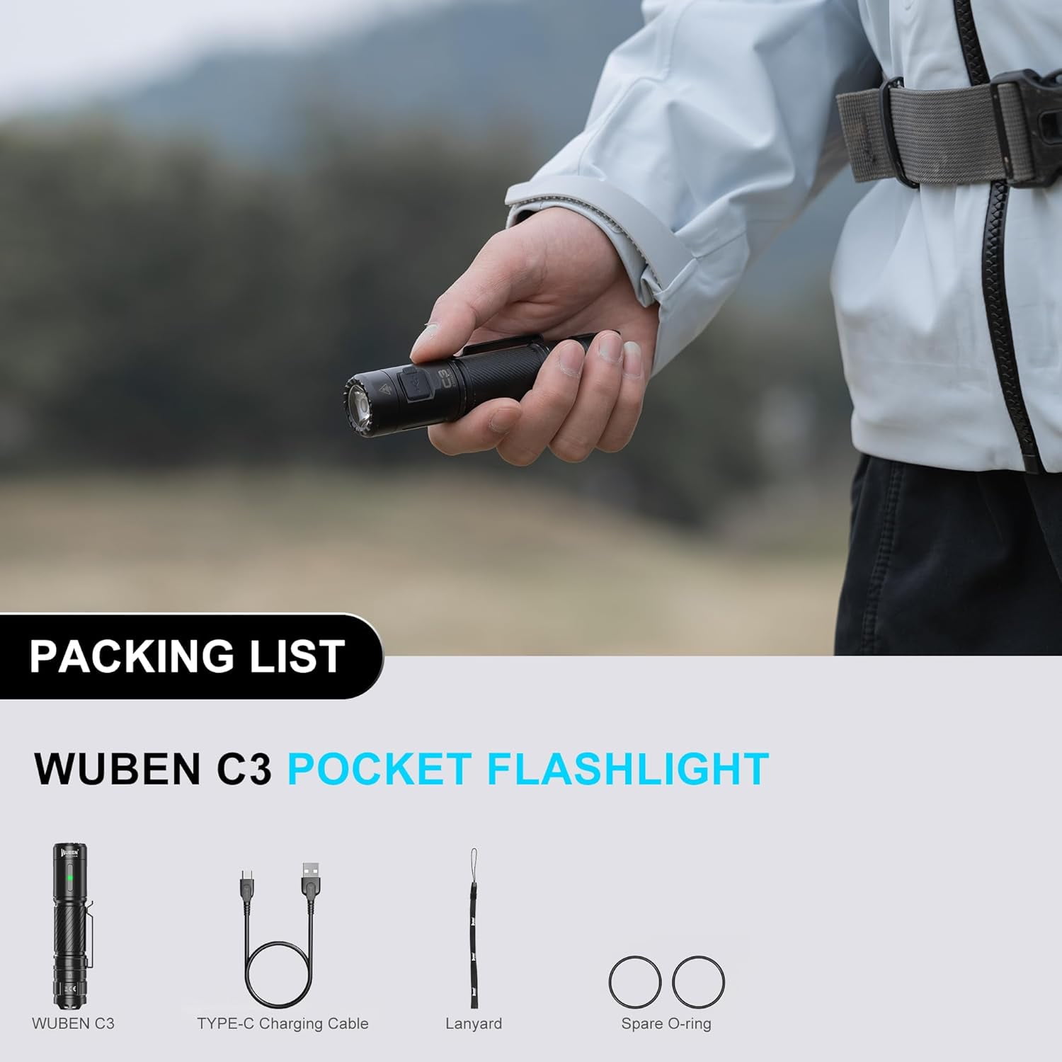 WUBEN C3 Rechargeable Flashlight, 1200 Lumens, 6 Modes, IP68 Waterproof, Tactical LED Flashlight for Camping, Emergency, Hunting