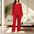 thumbnail image 2 of V-Neck Long Sleeve Pajama Set Women's Casual Loose Lounge Pants Set, Buttery Soft Solid Color Sleepwear, Loungewear Two Piece Set, Mother's Day Gifts for Women | CSEONE,Red XL, 2 of 9