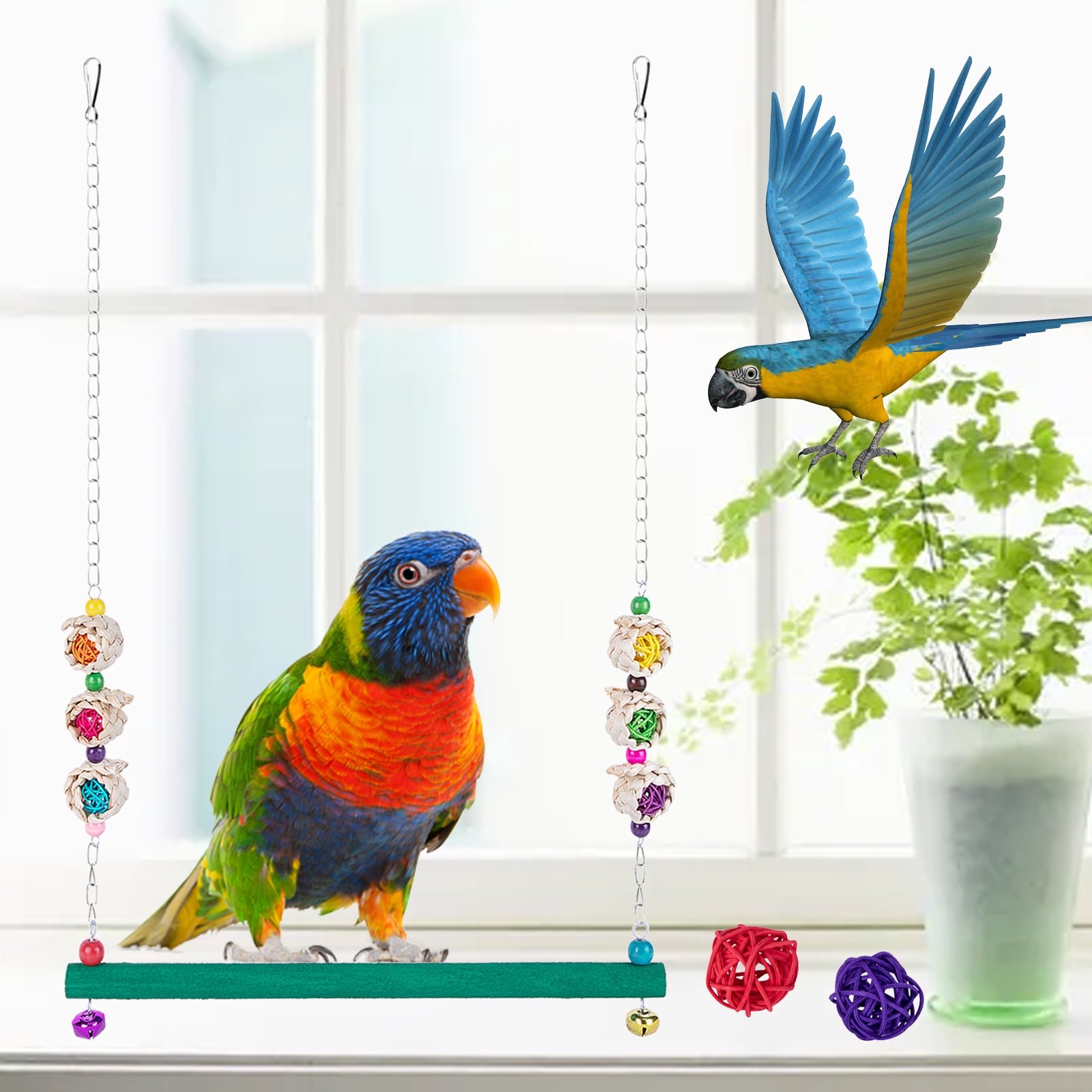 DOPI 1 Set Parrot Toy Colorful Beads Bells Teeth Grinding Accessories Bird Stand Swing with Balls Bird Supplies