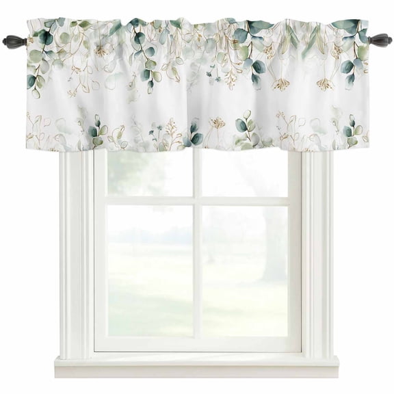 Eucalyptus Leaves Rod Pocket Curtain Valance, Watercolor Sage Green Golden Floral Farmhouse Window Valance for Living Room, Bedroom, Kitchen 42"W x 12"L