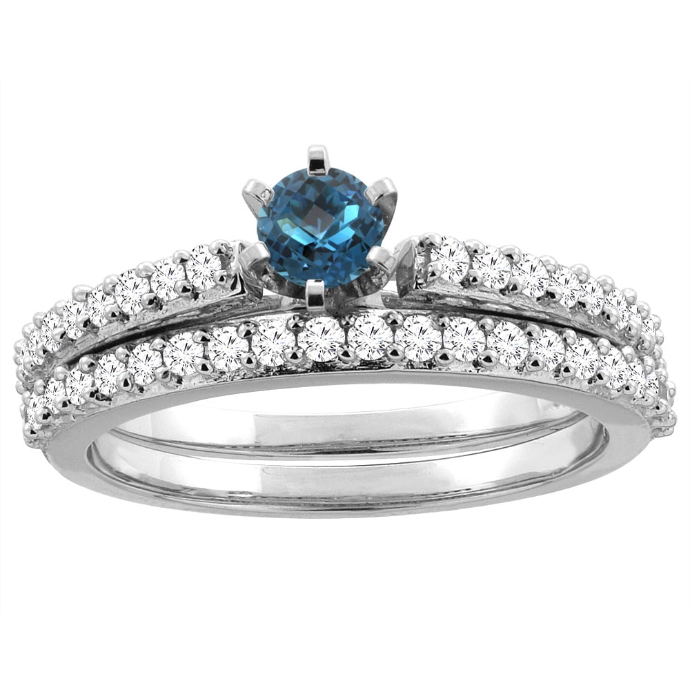 10K White Gold Natural London Blue Topaz 2-piece Bridal Ring Set Round 4mm, size 5.5 by Gabriella Gold