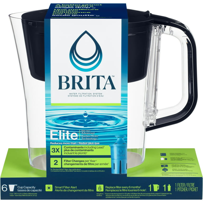Brita Soho 6-Cup Black Water Filter Pitcher with Elite Filter, Reduces Lead