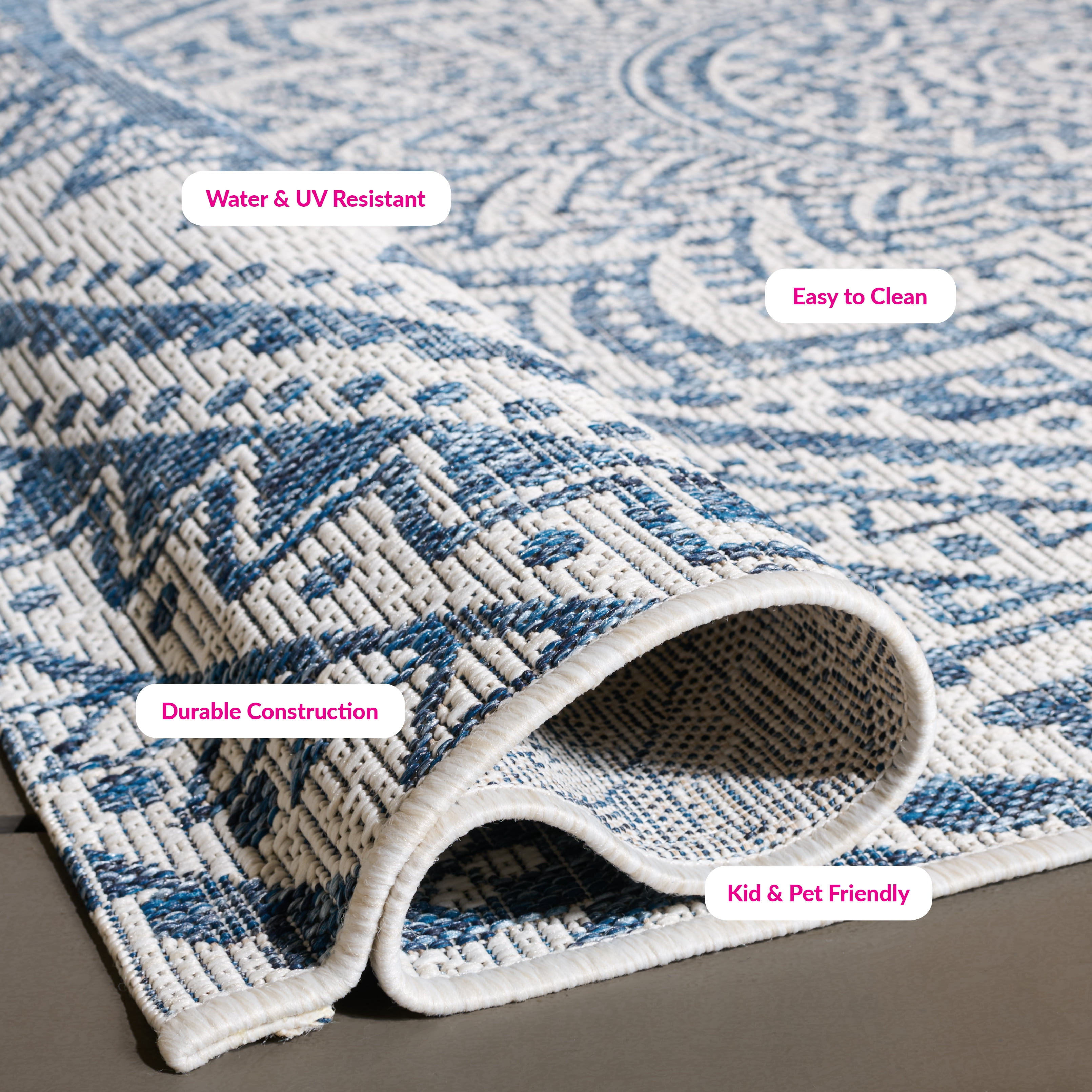 SAFAVIEH Courtyard Josiah Floral Medallion Indoor/Outdoor Area Rug, Ivory/Navy, 7'10" x 7'10" Square