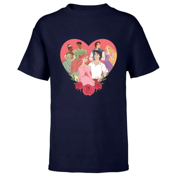 Disney Princess Favorite Movie Couples Valentine’s Day Love - Short Sleeve T-Shirt for Kids - Customized-Navy