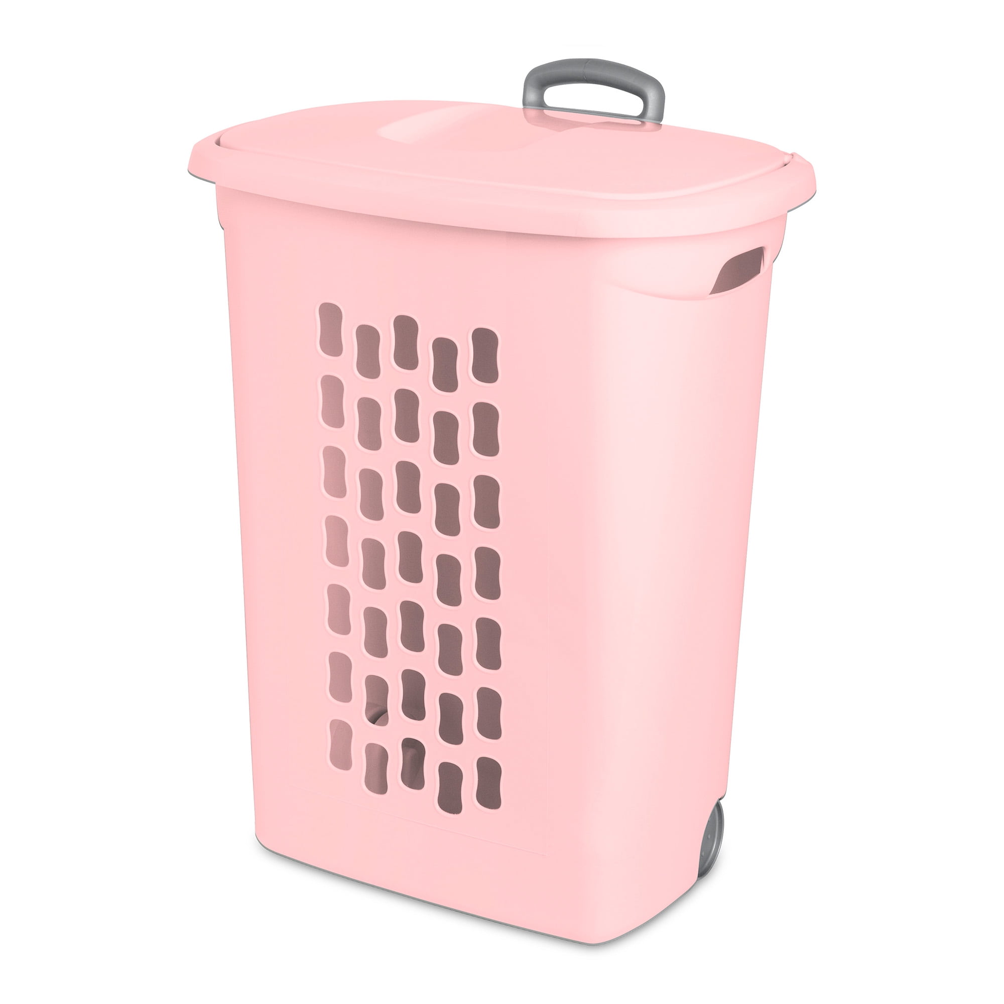 Sterilite Ultra Wheeled Hamper, Laundry Basket with Lid and Handle, Pink Frost, 3 Pack