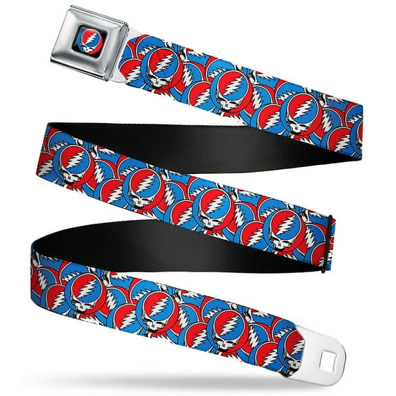 Grateful Dead Belt, Seatbelt Buckle Belt, Grateful Dead Steal Your Face Logo Stacked Red White Blue, 30 to 44 Inches