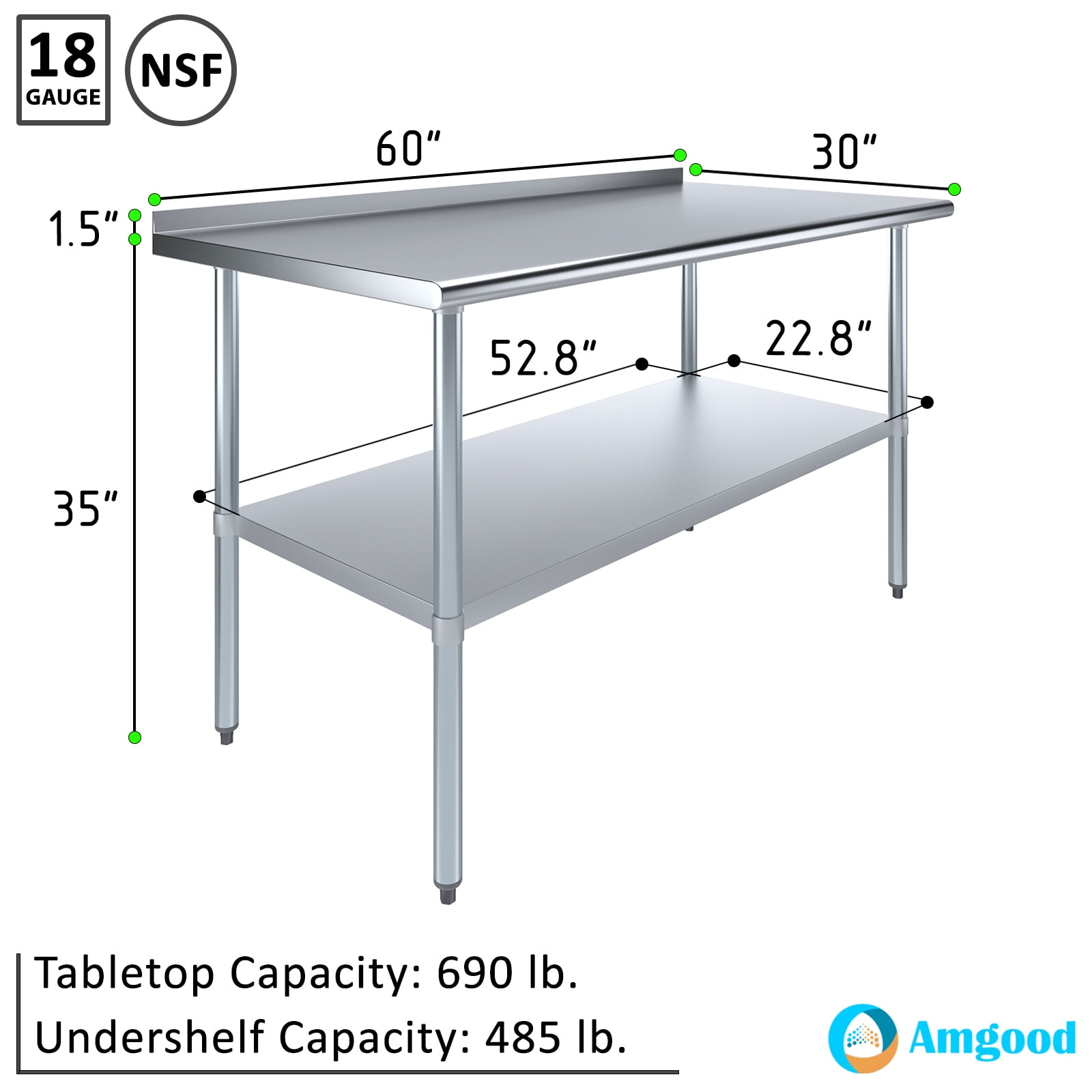 AmGood 30 in. x 60 in. Stainless Steel Work Table with 1.5 in. Backsplash | Metal Kitchen Food Prep Table