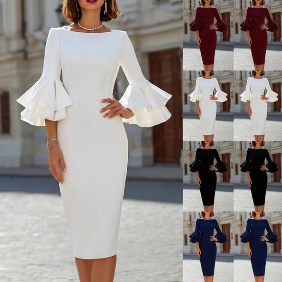 Women's Crew Neck Bell Sleeve Midi Bodycon Dress Flared Ruffle Sleeve Pencil Dress, Slim Knee Length Party Cocktail Dress for Wedding, office and formal Occasions White