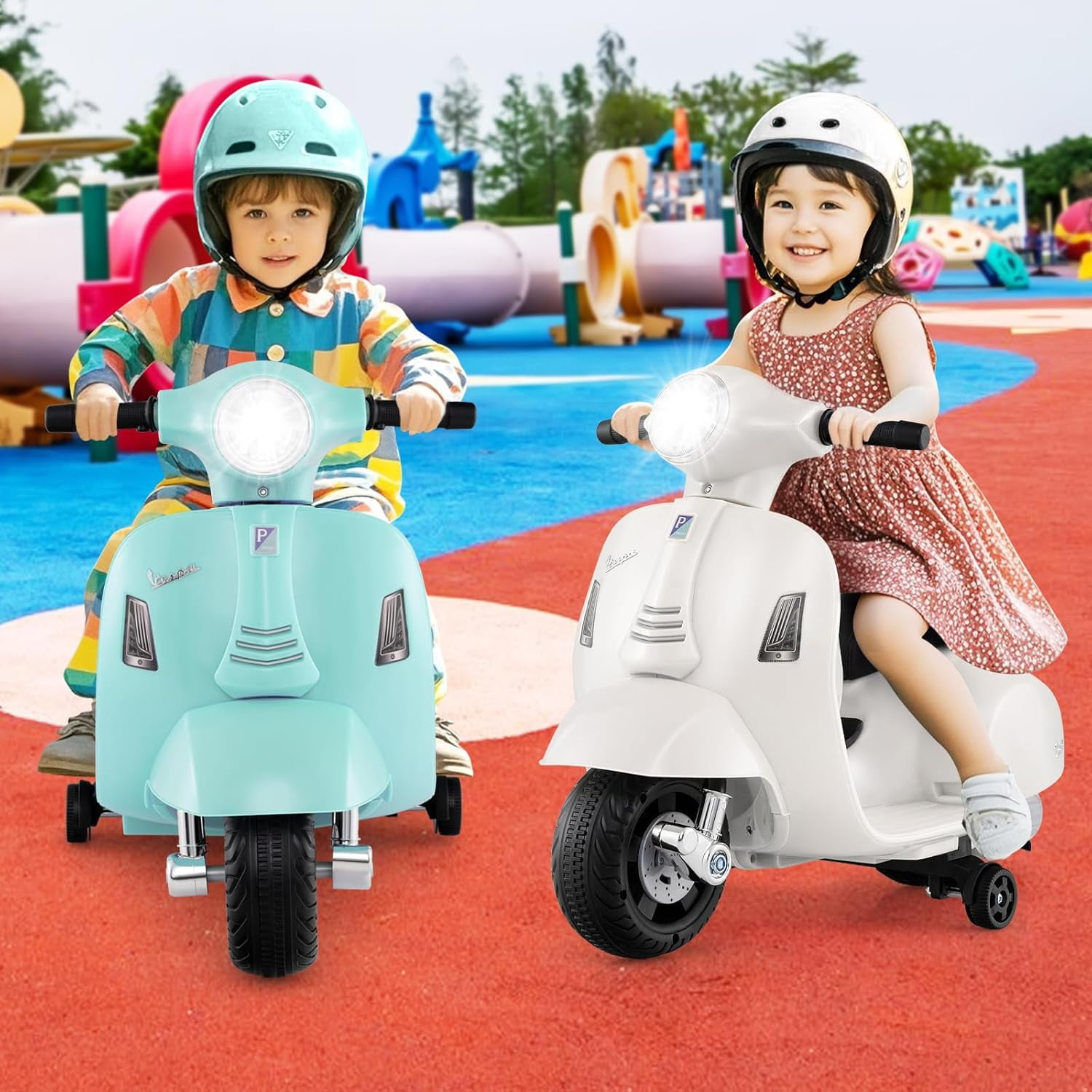 Licensed Vespa Kids Motorcycle by OLAKIDS, 6V Battery Powered Motorbike for Toddlers with Training Wheels, Horn, LED Lights, Electric Ride on Toys for Boys Girls Aged 18-36 Months