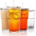 thumbnail image 1 of Vaso de vidrio de 20 onzas con tapa y popote, 4 vasos grandes de vidrio acanalado, tazas reutilizables de café helado para agua, té, café, jugo, yogur y agua de soda, 1 of 4