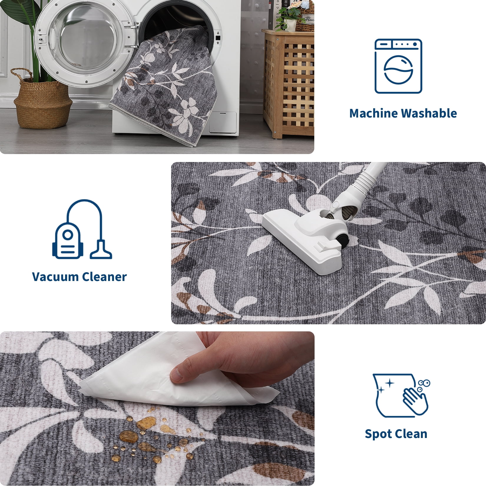 Garvee 5'x7' Modern Area Rug Washable Floral Accent Carpet with Non-Slip Backing, Stain-Resistant Soft Rugs Low Pile Floor Mats, Botanical Print Rug for Living Room, Bedroom, Dining Room, Gray