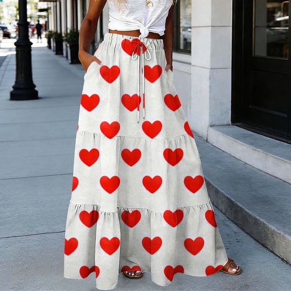 SOOMLON Long Skirts for Women Summer Plus Size Elastic Waist Maxi Skirt with Pockets Hearts Print Skirts Summer Skirts