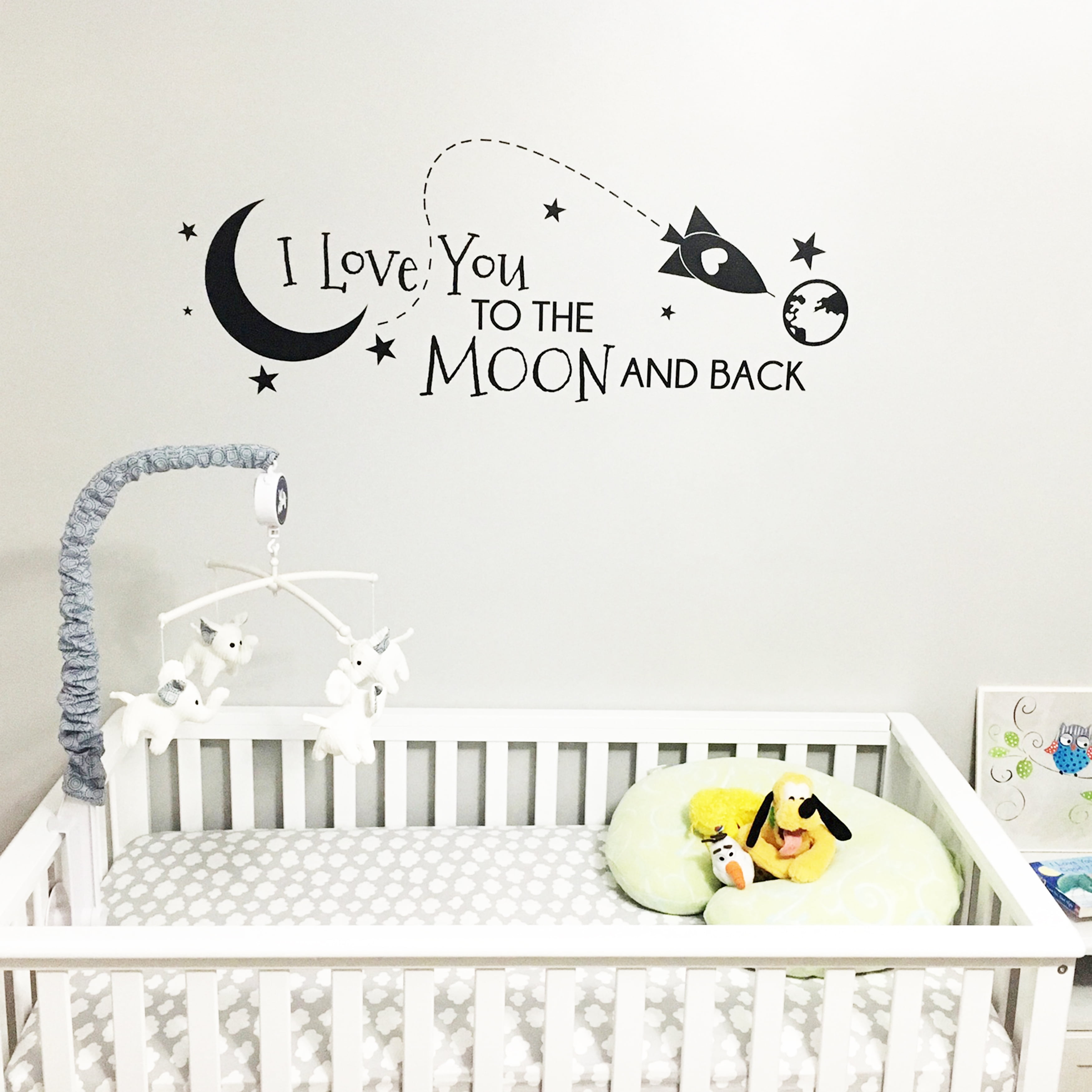 Love You to the Moon & Back Nursery Sign Faux Stitching Cow Moon Baby Boy Blue 