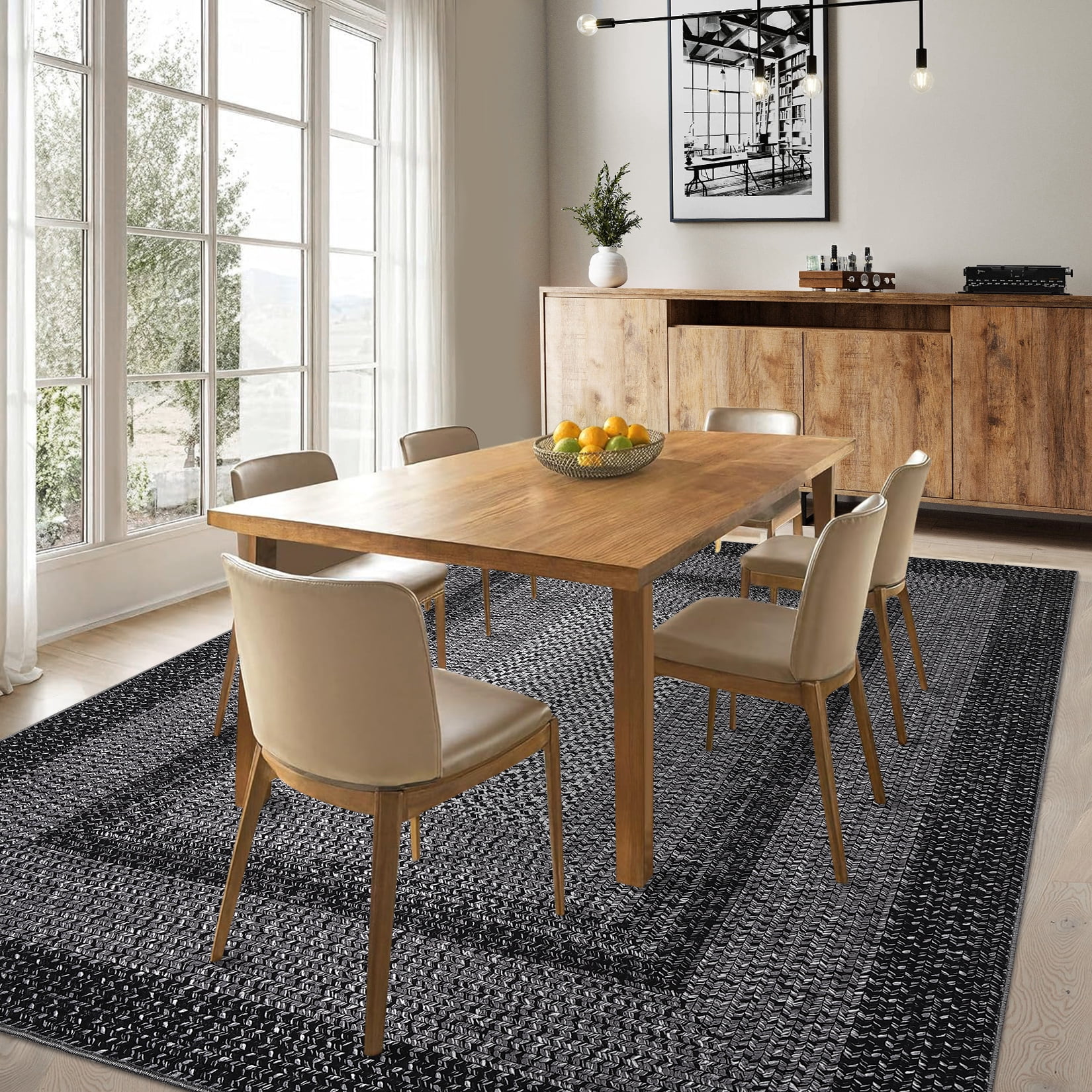 Garvee 5'x7' Printed Braided Rugs Farmhouse Bordered Carpet, Machine Washable Indoor Area Rug Non-Slip Low Pile Rugs for Living Room Bedroom Home Decor, Black