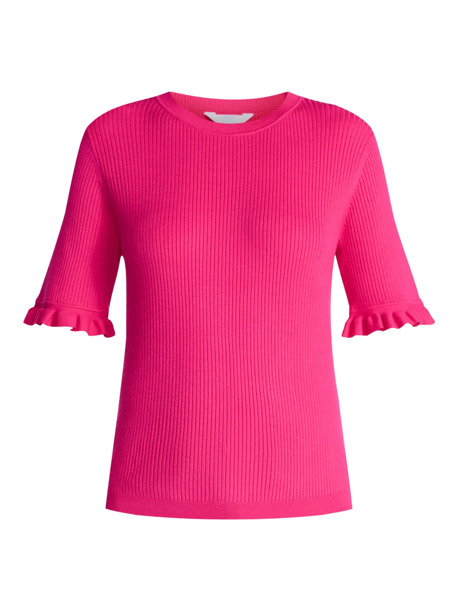 Time and Tru Women's Ribbed Sweater with Flounce Sleeves, Midweight, Sizes XS-XXXL