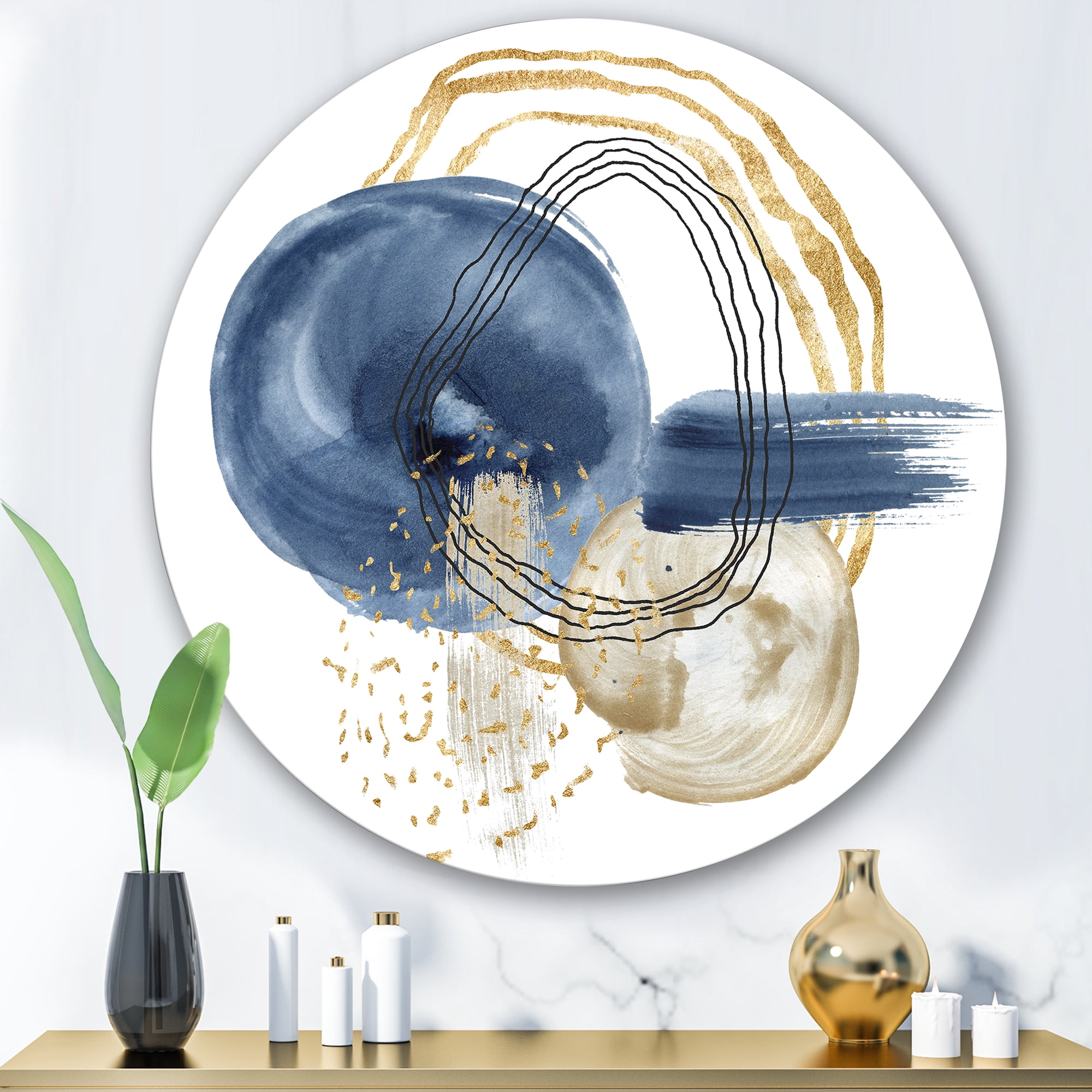 Designart 'Abstract Black and Dark Blue Gold Underwater Life' Modern Circle Metal Wall Art 36x36 - Disc of 36