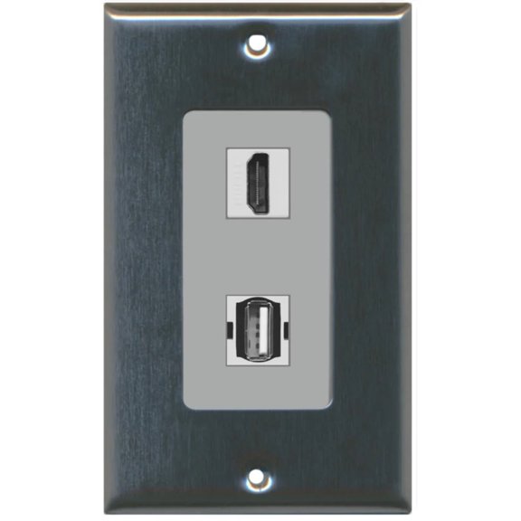RiteAV - 1 Port USB A-A 1 Port HDMI Decorative Wall Plate - Stainless Steel - Bracket Included