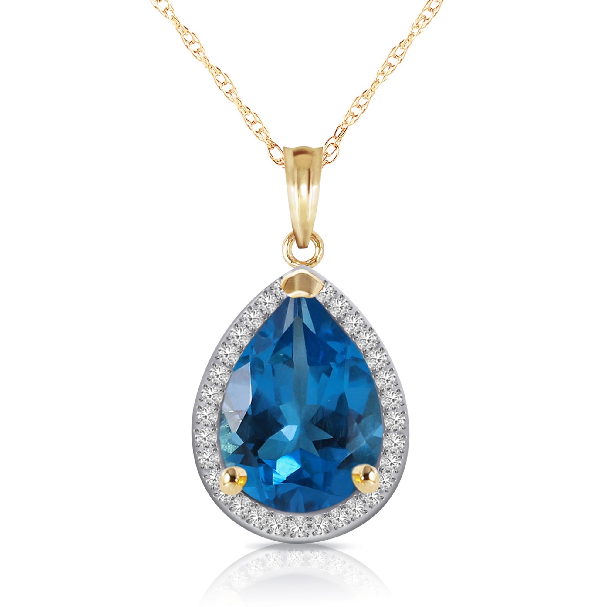 Galaxy Gold 14K Solid Gold Natural Diamond & Blue Topaz Pear Drop Necklace for Women - Yellow Gold Fine Jewelry
