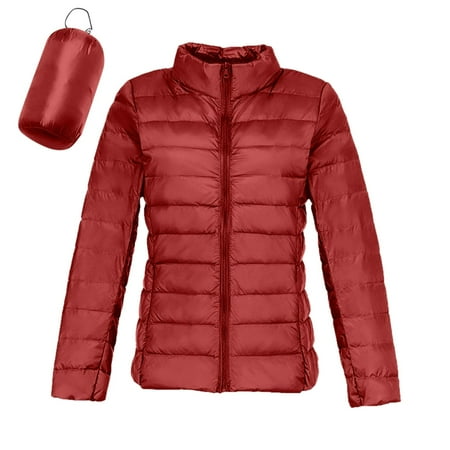 MIASHUI Women s Lightweight Down Jacket without Hood White Feather Fill Casual Solid Color Parka Long Sleeve Coat Red M