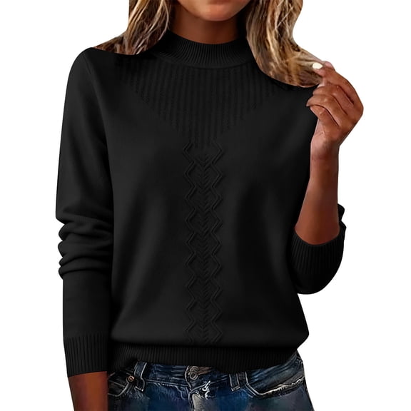 ManxiVoo Elegant Stand Collar Knit Sweater For Women Semi High Neck Lightweight Pullover Long Sleeve Soft Layering Staple XXL Size Black