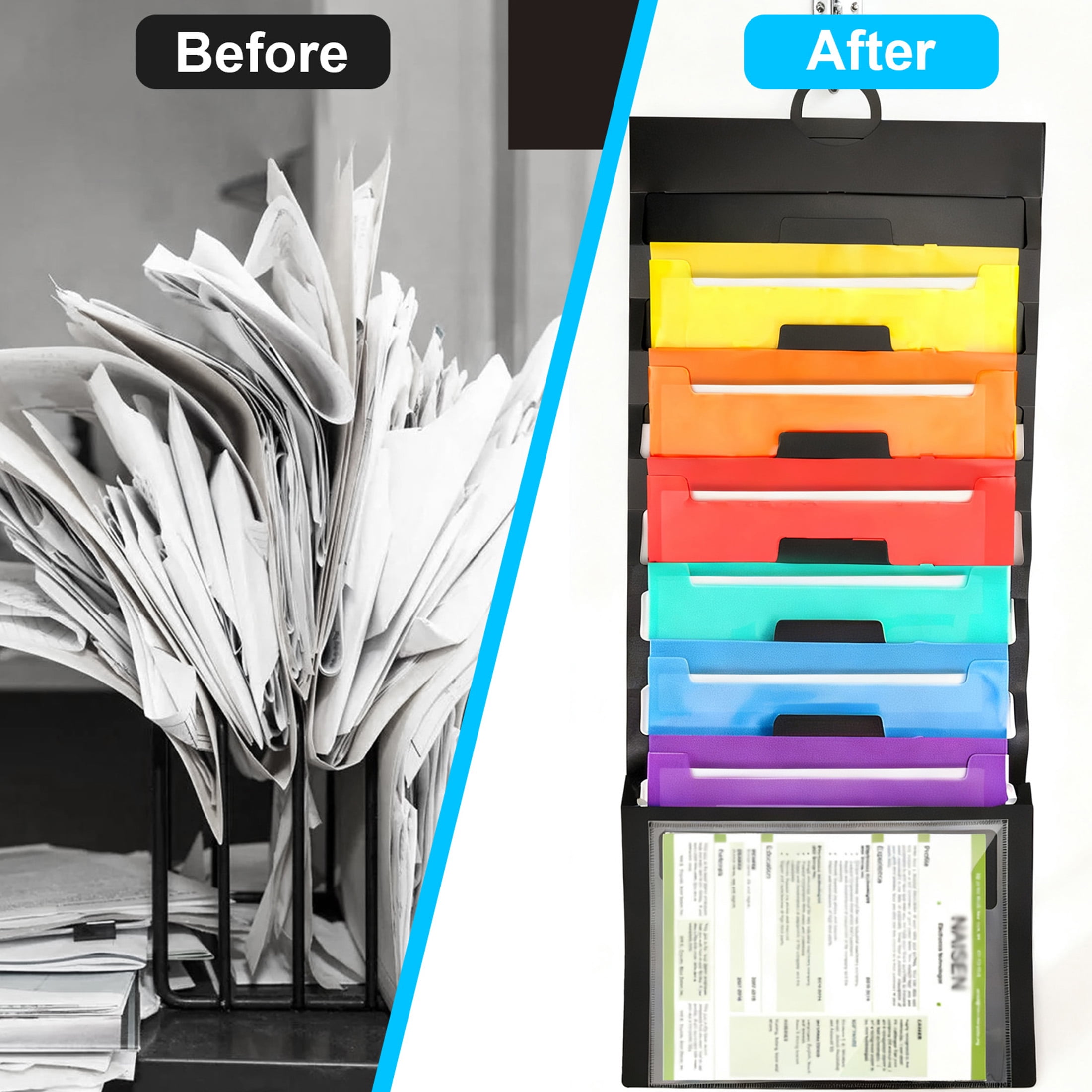 Wall File Organizer, EEEkit 7 Pocket Hanging File Folders, File Holder Organizer for Papers and Folders, Office and Home Use, Black with Assorted Fashion Color Folders