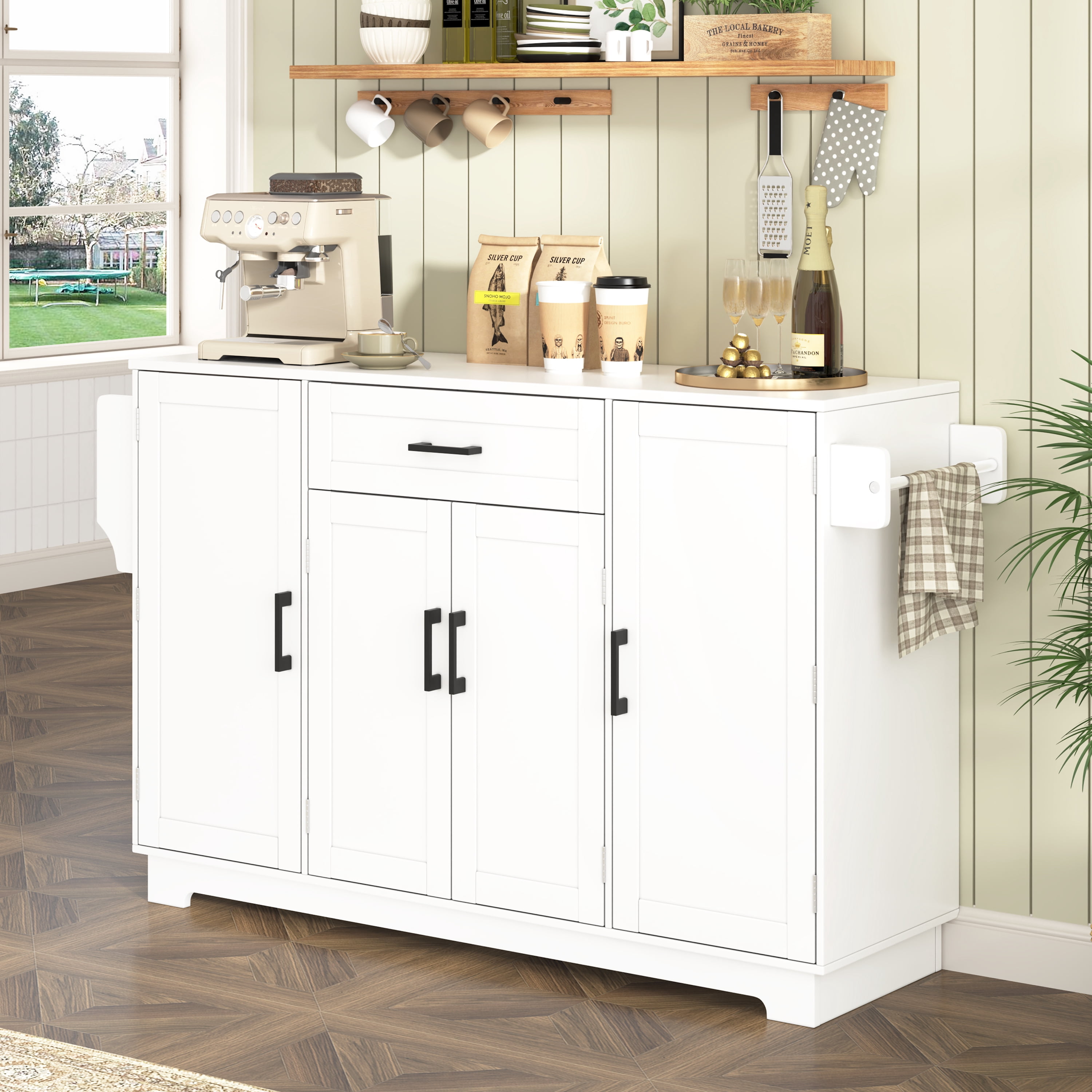 54.3" Sideboard Buffet Cabinet with Storage, 4 Doors & 1 Drawer, Kitchen Storage with Adjustable Shelves, Aluminum Alloy Handles, Side Shelves & Hanging Rod for Dining Room
