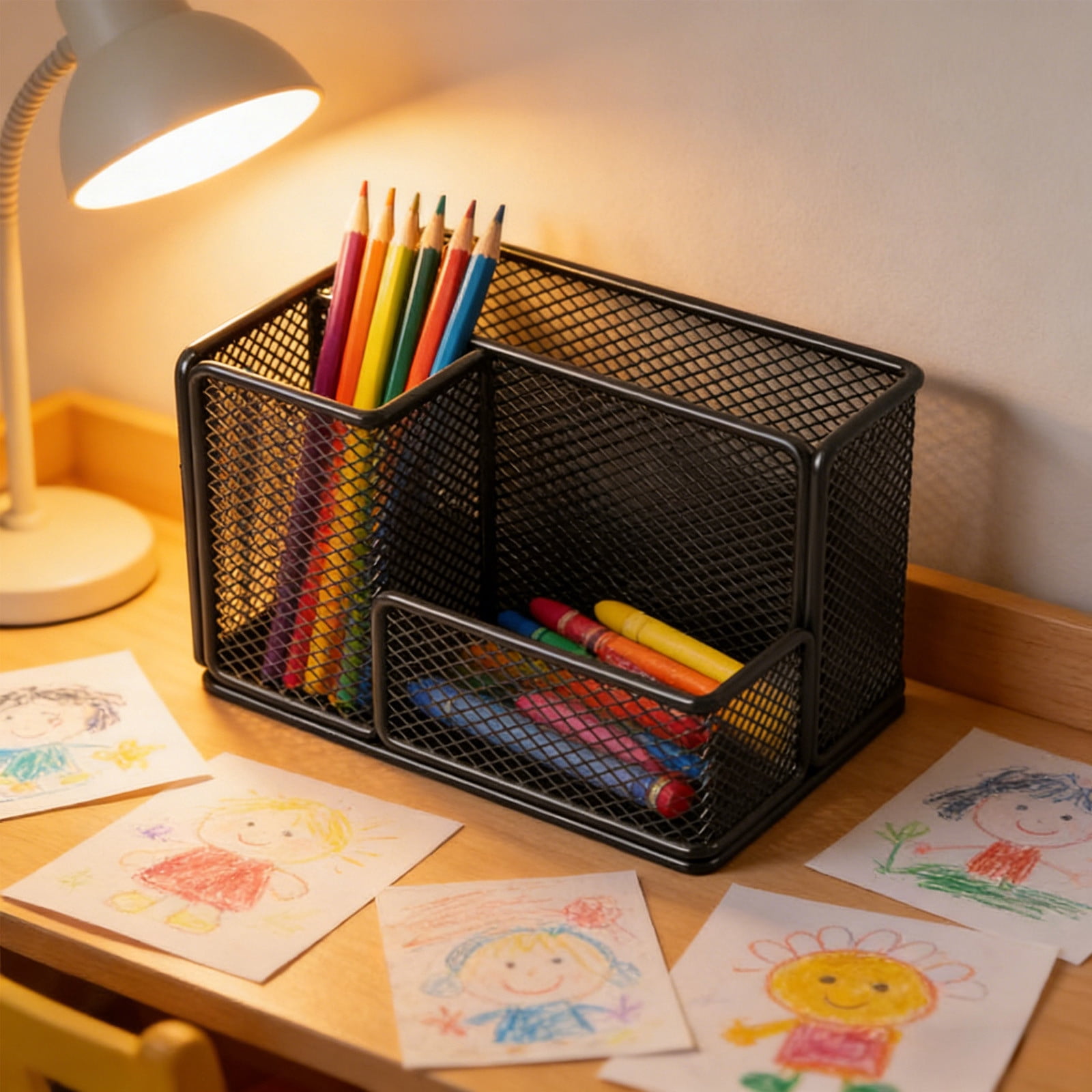 Mesh Pen Pencil Holder Desk Organizer, 3 Compartment Wire Desktop Pen Pencil Cup Caddy Office Supplies Desk Accessories for Home Office, Black