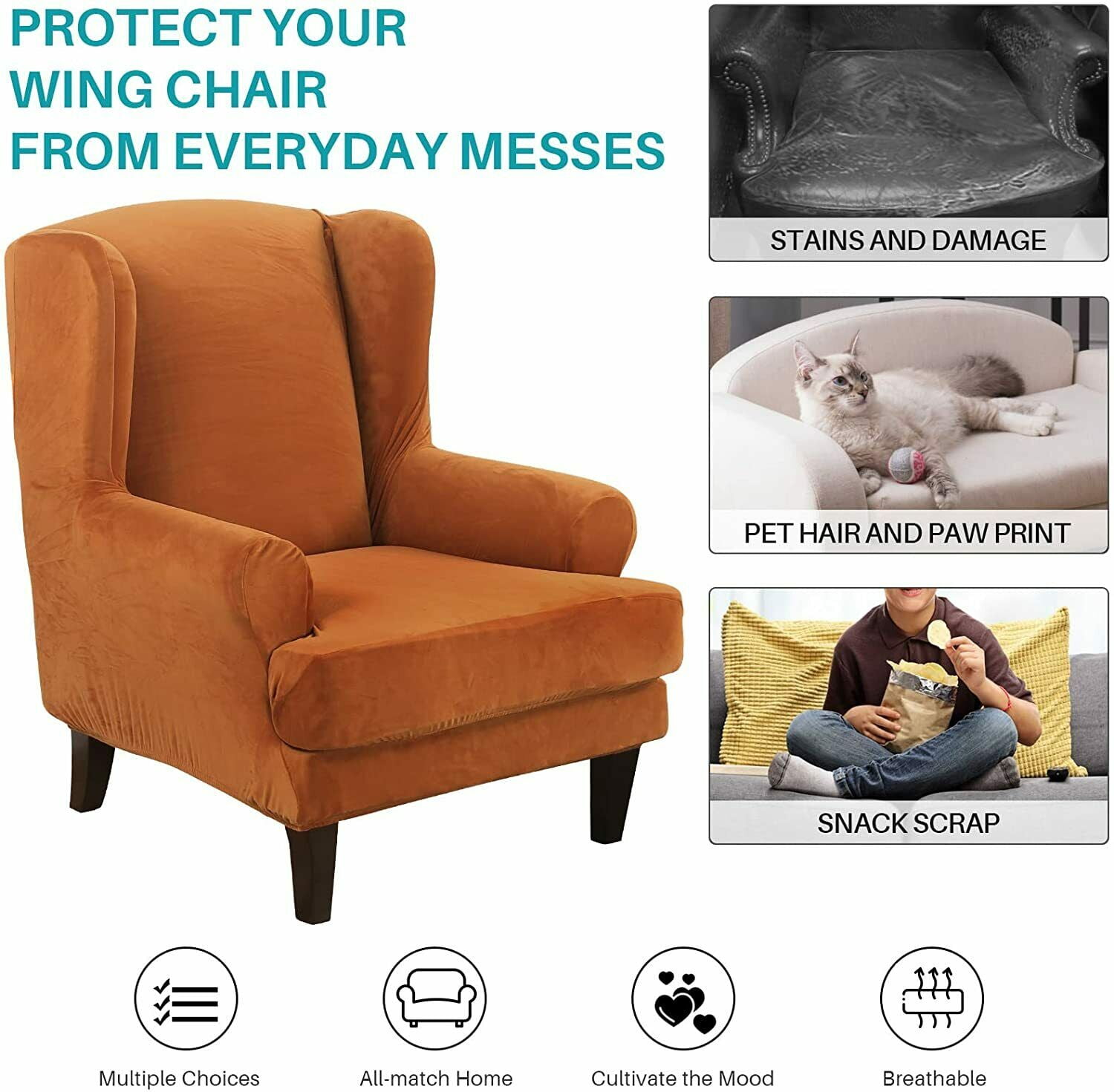 SHANNA Wingback Chair Slipcover Sofa Furniture Protector 2-Piece Armchair Covers with Seperate Seat Cushion Cover