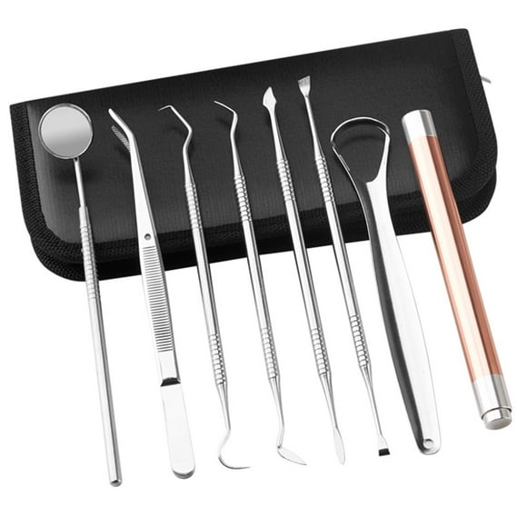 8pcs LED Dental Hygiene Kit Stainless Steel Teeth Tartar Scraper Mouth Mirror Dentists Pick Tool Teeth Scaler Home Use Tools